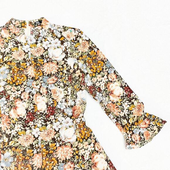 Zara Flower Printed Patterned Flare Dress Ruffle Sleeve Size M Mint - Picture 2 of 5